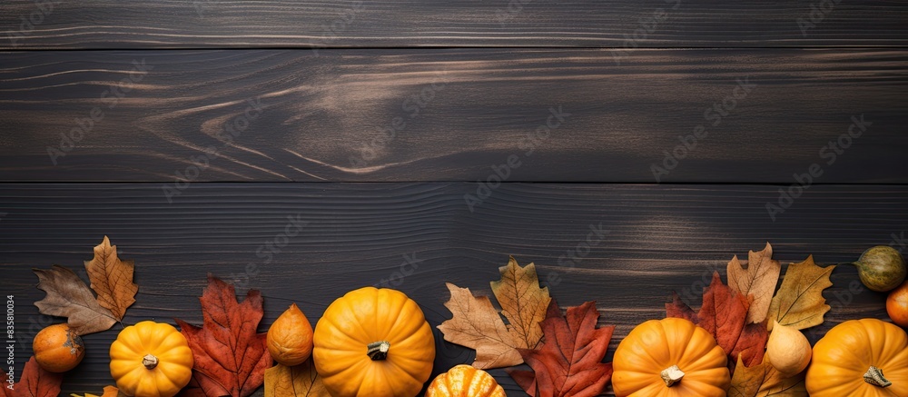 Poster autumn-inspired decoration with fall leaves and pumpkins on a stone backdrop. flat lay view from abo