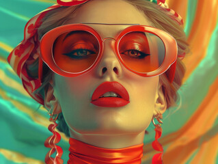 Obraz premium Retro style pastel colors summer background. Fashion woman wearing big sunglasses.