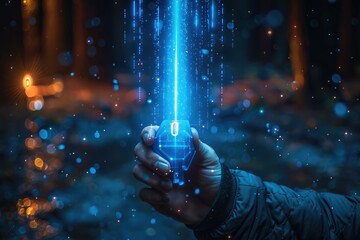 Digital Security Concept: Cool Blue Holographic Key in Minimalist Realistic Style