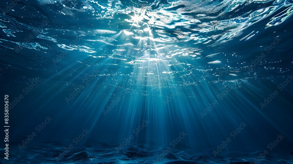 Poster underwater scene with sunlight filtering through the water, creating an ethereal and tranquil atmosp
