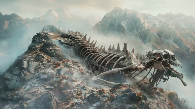 motion effect of dinosaur fossils on a foggy hill