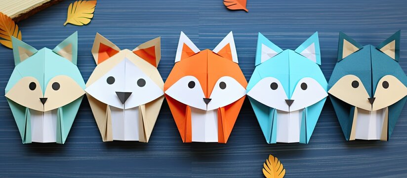 Detailed photo guide for creating an origami paper fox with children, showcasing each step in a collage with copy space image.
