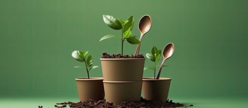 Top view of a compostable coffee cup surrounded by green leaves, tree bark, and eco-friendly cutlery on earth-themed, biodegradable, plastic-free, and eco-conscious copy space image.