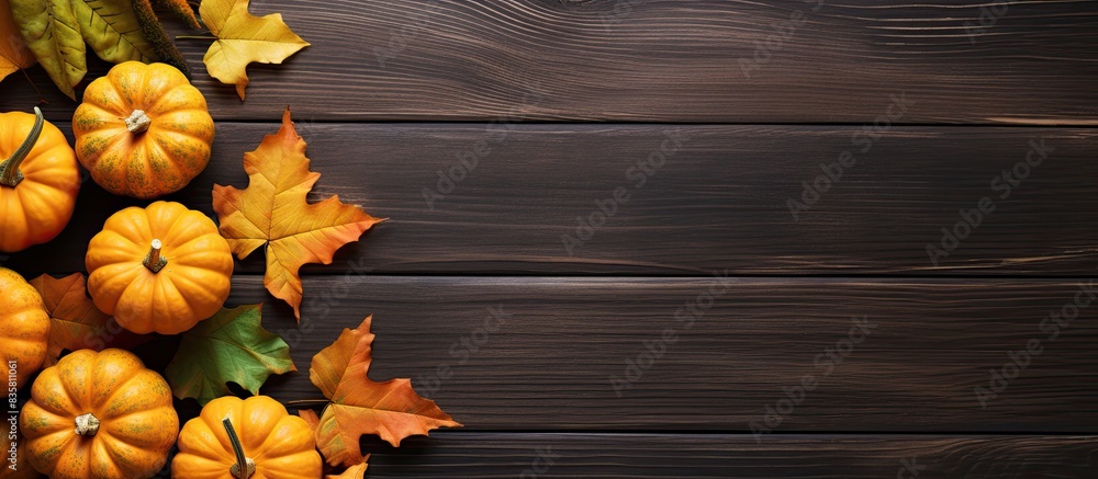 Poster autumn-inspired decoration with fall leaves and pumpkins on a stone backdrop. flat lay view from abo