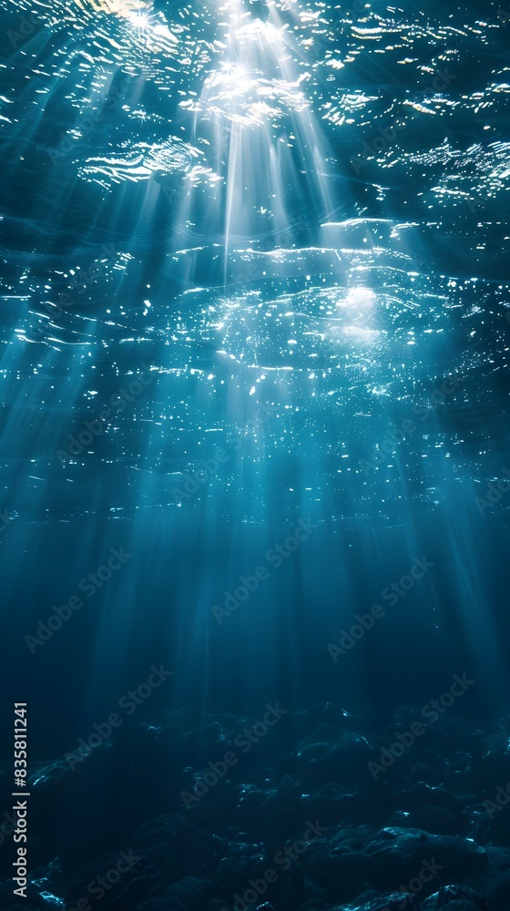 Poster underwater scene with sunlight filtering through the water, creating an ethereal and tranquil atmosp