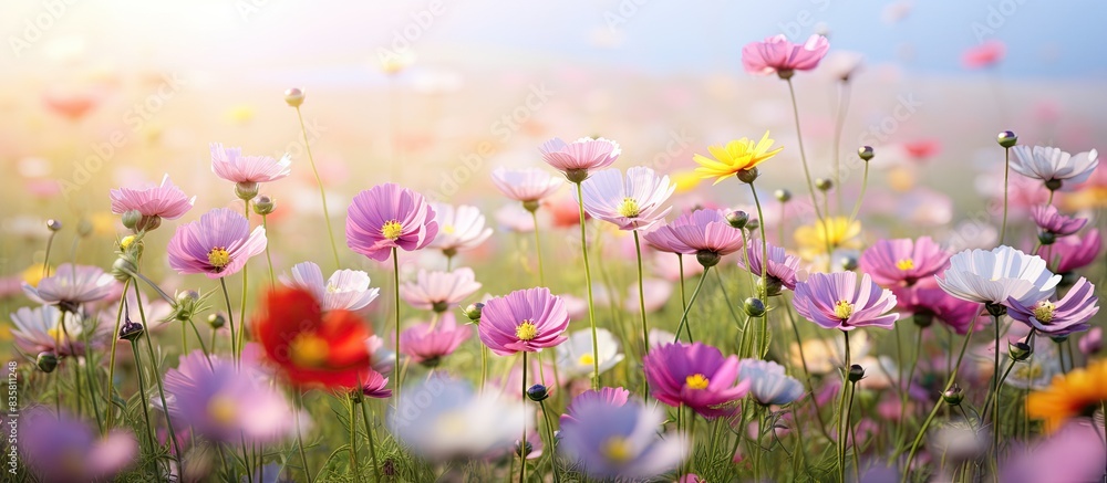 Poster gorgeous cosmos flowers blooming in the garden with a background perfect for adding your own image t
