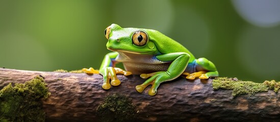 Obraz premium An Australian green tree frog perched on a tree branch, with ample copy space image available for use.