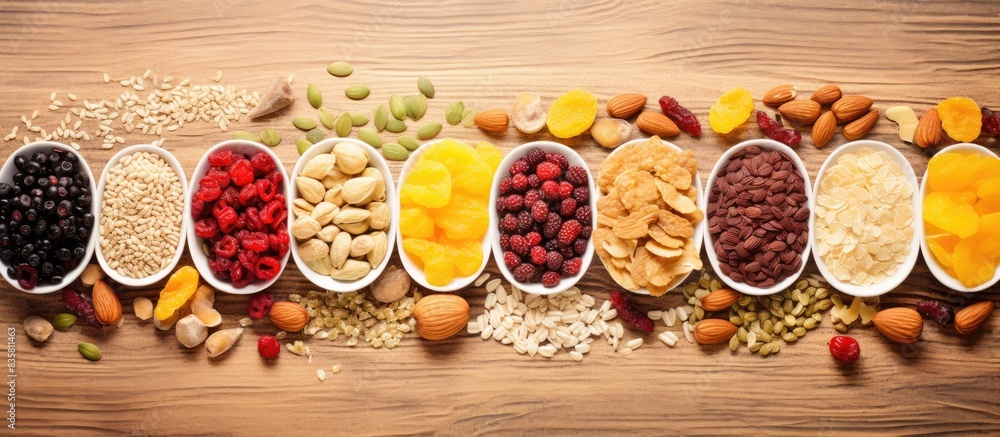 Poster various granola bars displayed on a white marble surface with room for text or images in the shot. s