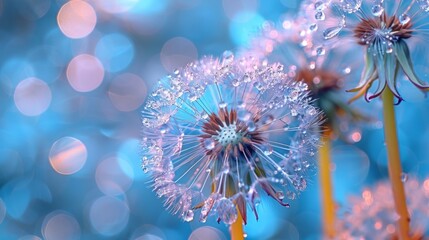 Fototapeta premium Sparkling Dewdrop on Dandelion Seed, Macro Photography, AI-Generated 4K Wallpaper. This captivating macro image showcases a single dandelion seed glistening with a dewdrop, creating a mesmerizing visu