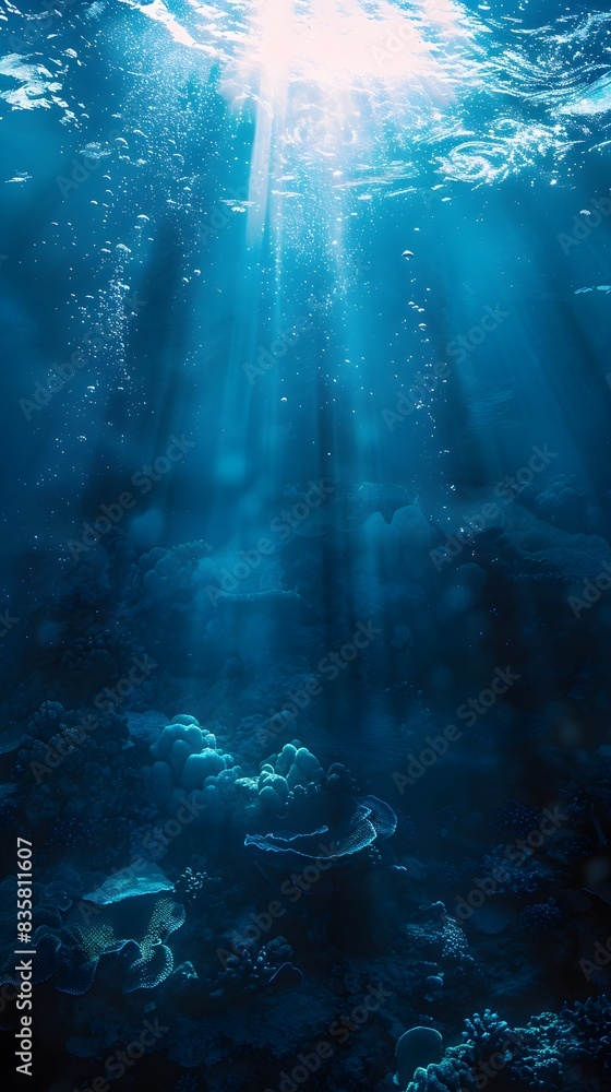 Poster underwater scene with sunlight filtering through the water, creating an ethereal and tranquil atmosp