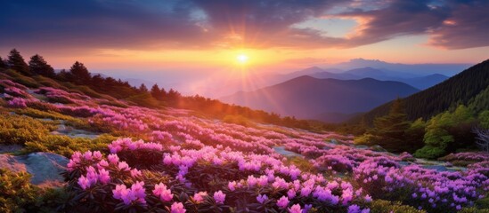 Obraz premium A picturesque scene featuring bright pink rhododendron flowers blooming on a mountain in summer, creating a captivating and colorful copy space image.