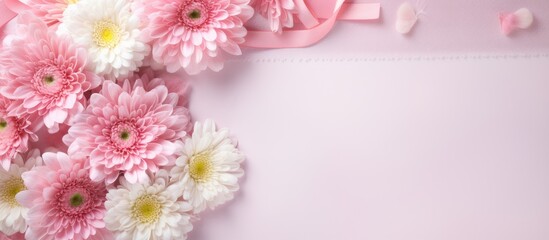 Top view of a white gift bag, spring flowers on pink background with a greeting card, set against a pink floral backdrop with room for text or image. Copy space image