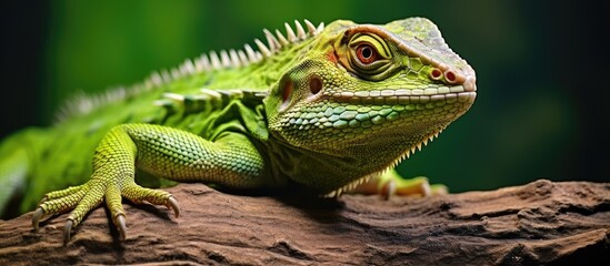 Fototapeta premium Cold-blooded lizard in a household terrarium, a pet reptile that requires care, shown in a copy space image.