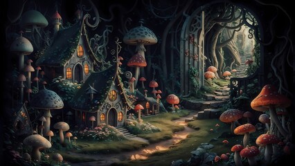Fototapeta premium Whimsical fairy garden with tiny houses, colorful mushrooms, and a hidden entrance to a larger world