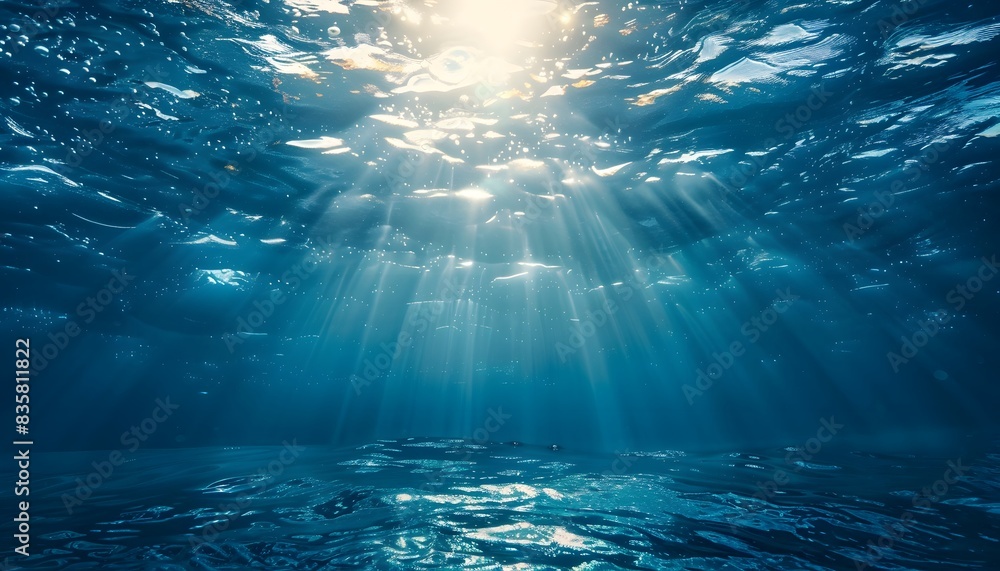 Poster underwater scene with sunlight filtering through the water, creating an ethereal and tranquil atmosp