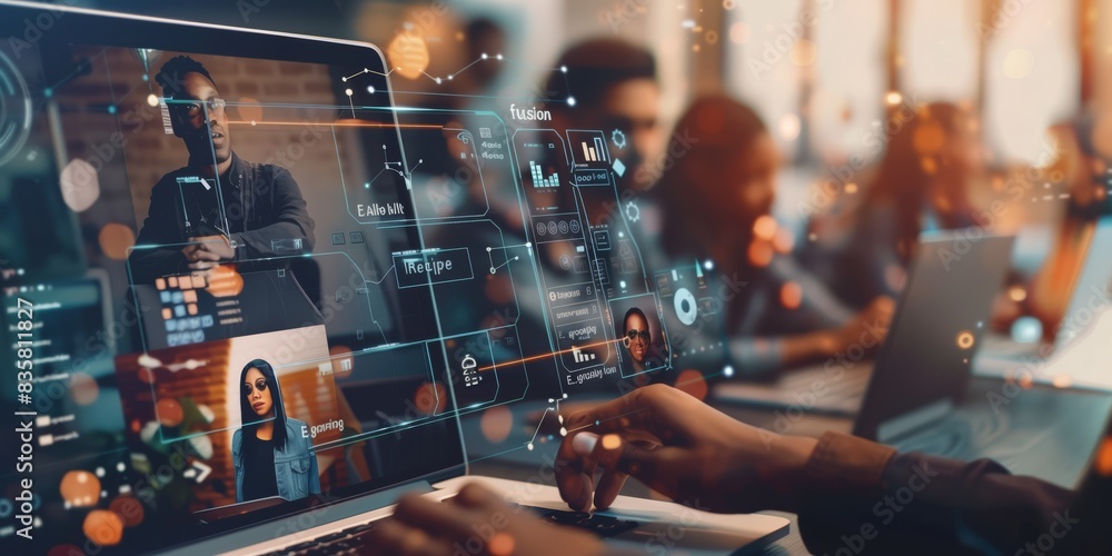 Poster young professionals are engaged in futuristic digital collaboration using laptops in a modern worksp