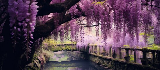 A beautiful spring scene with a blooming wisteria alley, perfect for a copy space image.