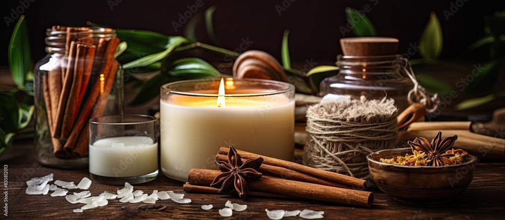Poster creative hobby concept featuring a diy candle crafting setup with eco soy wax placed on a white tabl