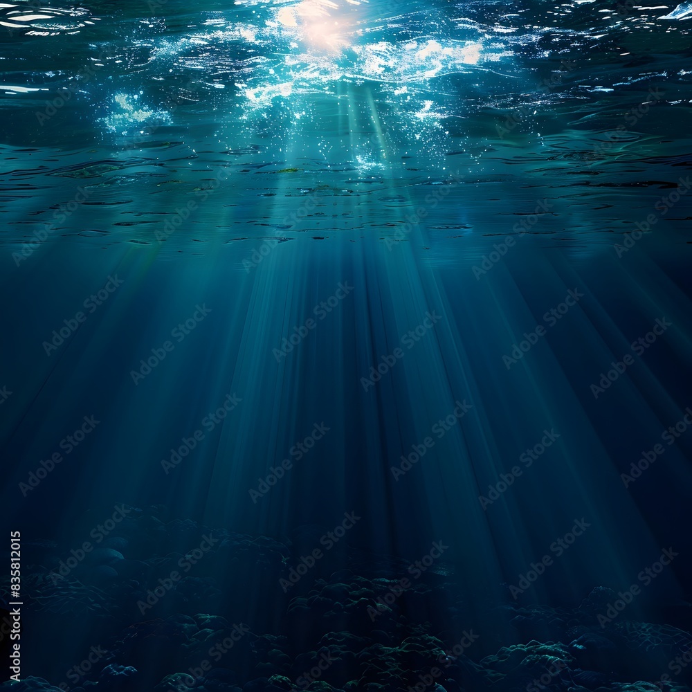 Poster underwater scene with sunlight filtering through the water, creating an ethereal and tranquil atmosp