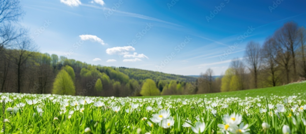 Poster spring flowers in a field under a flawless sky create a serene copy space image.