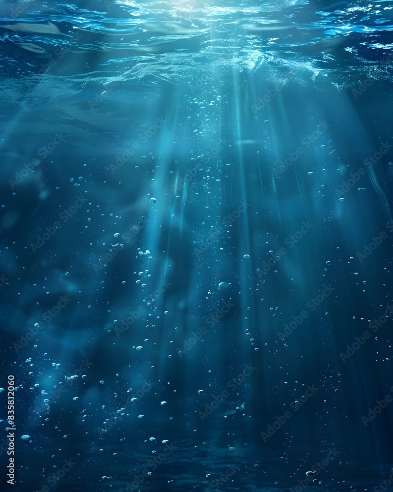 Poster underwater scene with sunlight filtering through the water, creating an ethereal and tranquil atmosp