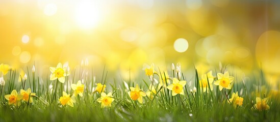 Scenic view of daffodils and narcissus in a stunning natural setting during summer, Easter, and spring with copy space image.