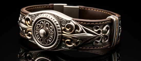 Men's accessories displayed in closeup on a wooden desk with copy space image.