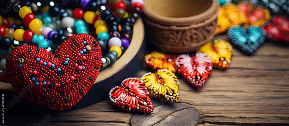 Aufkleber handmade jewelry crafting with beads in a box displayed on a rustic wooden surface from a top view p