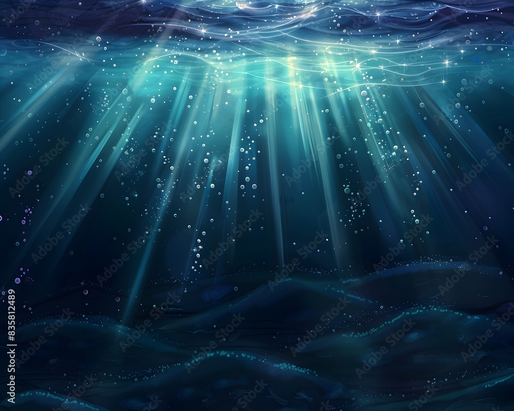 Poster underwater scene with sunlight filtering through the water, creating an ethereal and tranquil atmosp