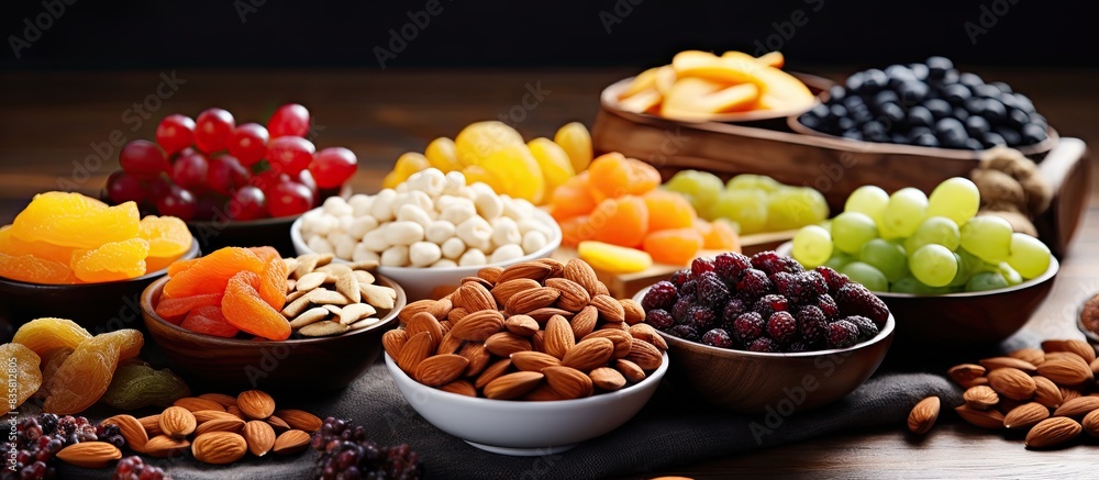 Poster assorted nuts and dried fruits in a bowl on a table with a background perfect for a copy space image