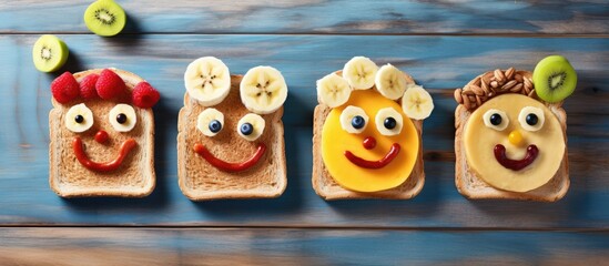 Close-up of a healthy snack featuring bananas and peanut butter with colorful sprinkles on a light wooden table. Ideal for kids' breakfast or brunch with selective focus on the copy space image.