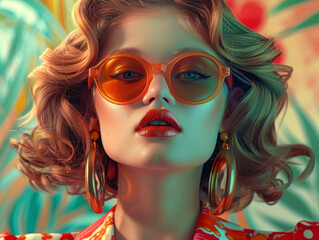 Obraz premium Retro style pastel colors summer background. Fashion woman wearing big sunglasses.
