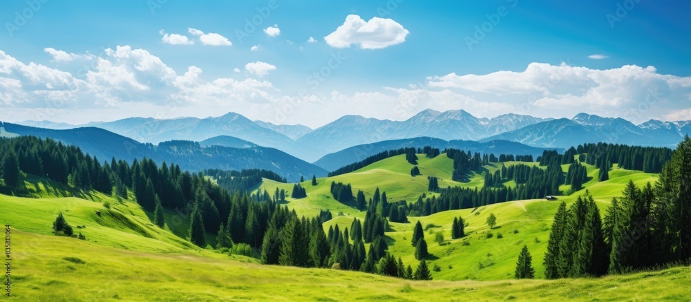 Poster scenic mountain landscape with dark blue skies and fluffy clouds, ideal for adding text or images wi