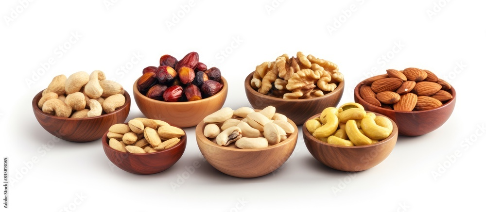 Poster Top view of mixed nuts on a white wooden backdrop with copy space image available for text.