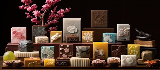 Elegant Japanese confections displayed with a stylish arrangement in a copy space image.