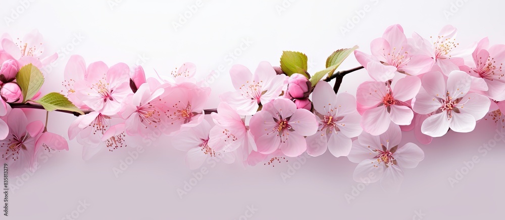 Poster spring blossoms on an apple tree with white petals, set against a backdrop providing empty space for