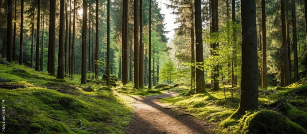 Poster woodland path with a serene forest trail scene and ample copy space image.