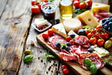 Italian Antipasto Platter with Meats, Cheese, and Vegetables on a Wooden Table