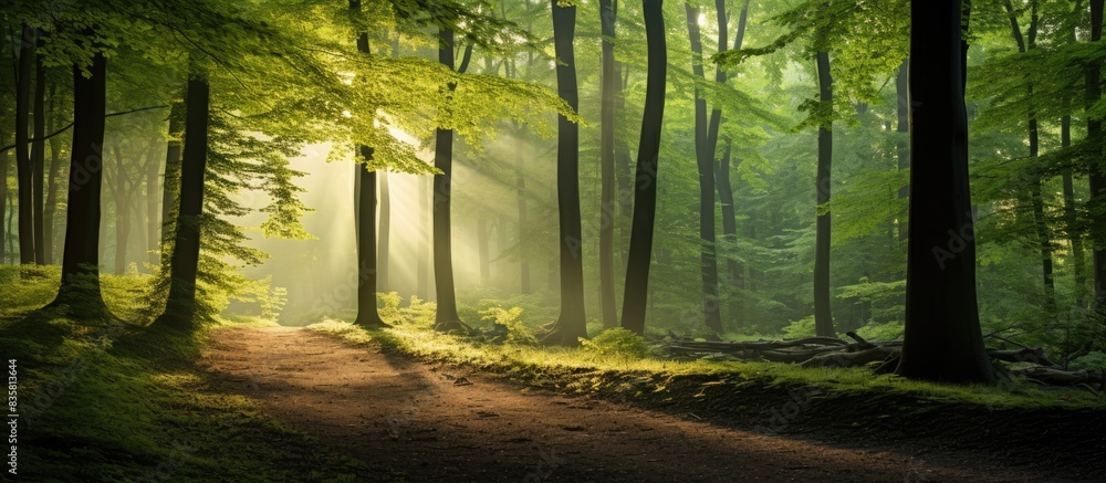 Poster sunlight filtering through a picturesque forest of beech trees, with ferns blanketing the ground, cr
