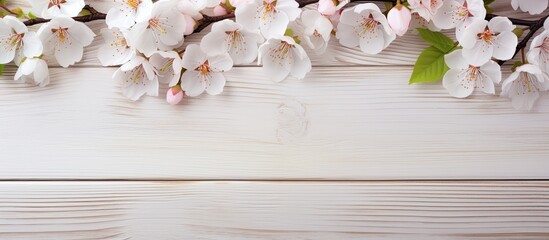 Easter-themed blooming apricot flowers on white wooden plank background with a pink satin ribbon border, featuring a close-up of a pink blossoming tree against a wood backdrop with copy space image.