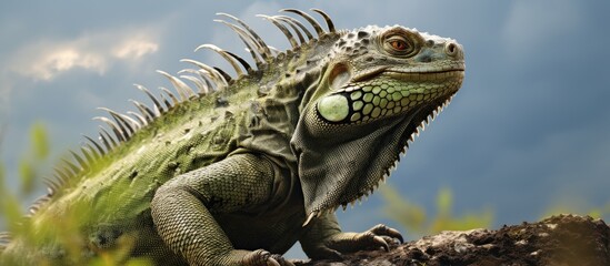 Fototapeta premium Endangered iguana basking in the sun on lush green grass with copy space image.