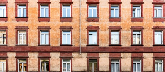 Fototapeta premium The classic red clinker facade was updated while keeping its vintage charm, creating a striking visual contrast. Copy space image. Place for adding text and design