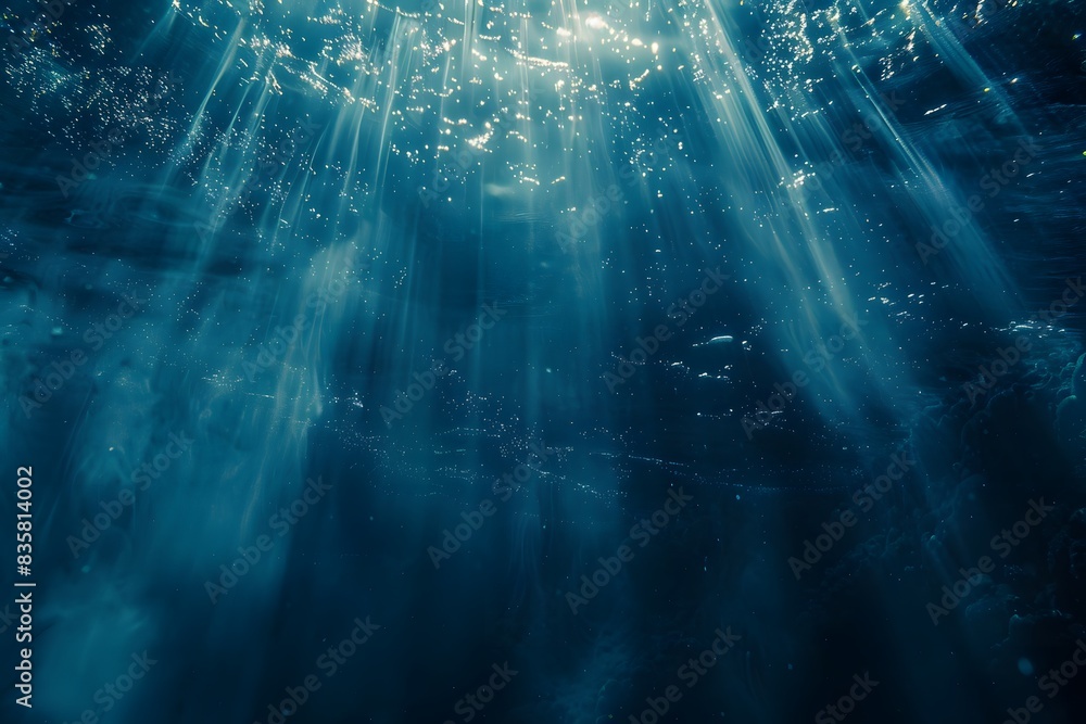 Poster underwater scene with sunlight filtering through the water, creating an ethereal and tranquil atmosp