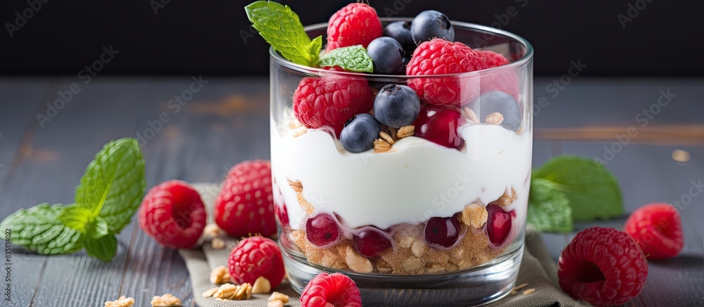 Poster fruit-topped yogurt parfait displayed in a vibrant setting with a blank space for an image. copy spa