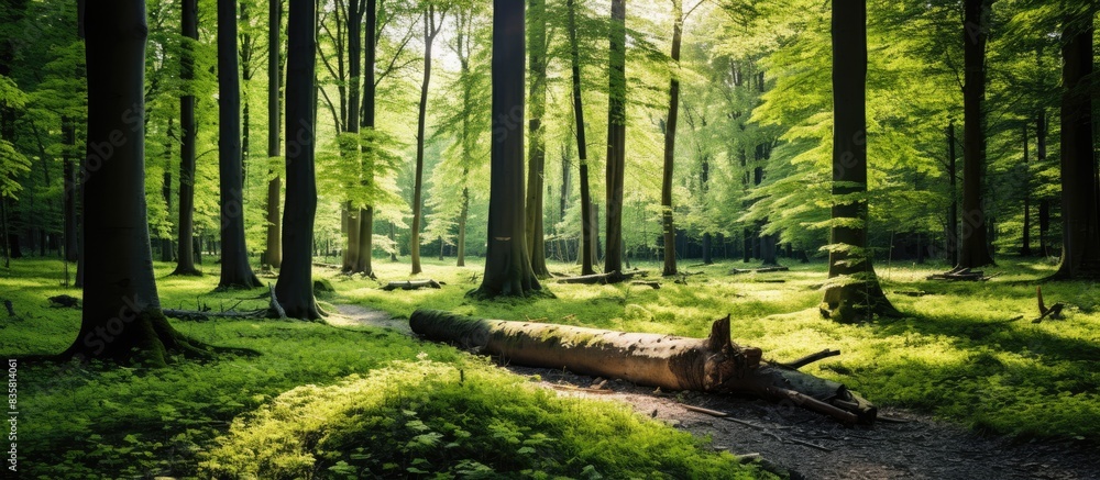 Poster lush spring forest with sunlight filtering through the canopy, creating a serene atmosphere for a co
