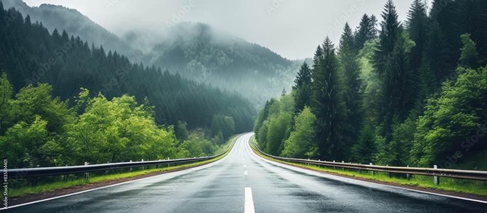 Poster beautiful mountain road with green trees surrounded by fog in an overcast sky, offering a tranquil c
