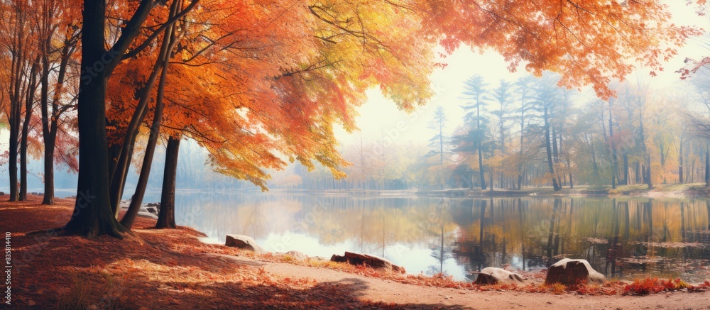 Poster autumn forest path with foggy water creating a tranquil ambiance, ideal for a copy space image.