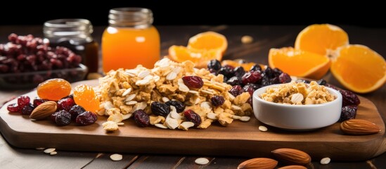 Healthy homemade energy bars with figs, oats, almonds, cranberries, chia, and sunflower seeds. Perfect for a nutritious snack with copy space image.