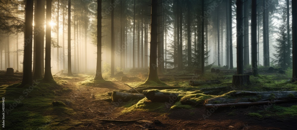 Poster sunlight filtering through fog in a natural spruce tree forest, creating a mystical ambiance, ideal 