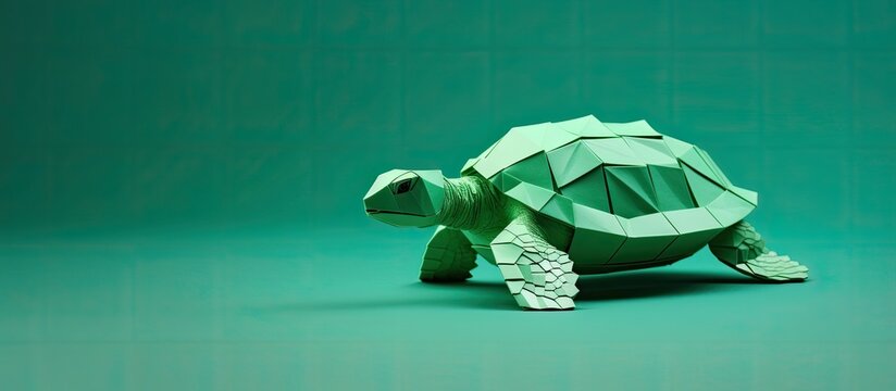 Origami turtle made of green paper on a white background with copy space image.